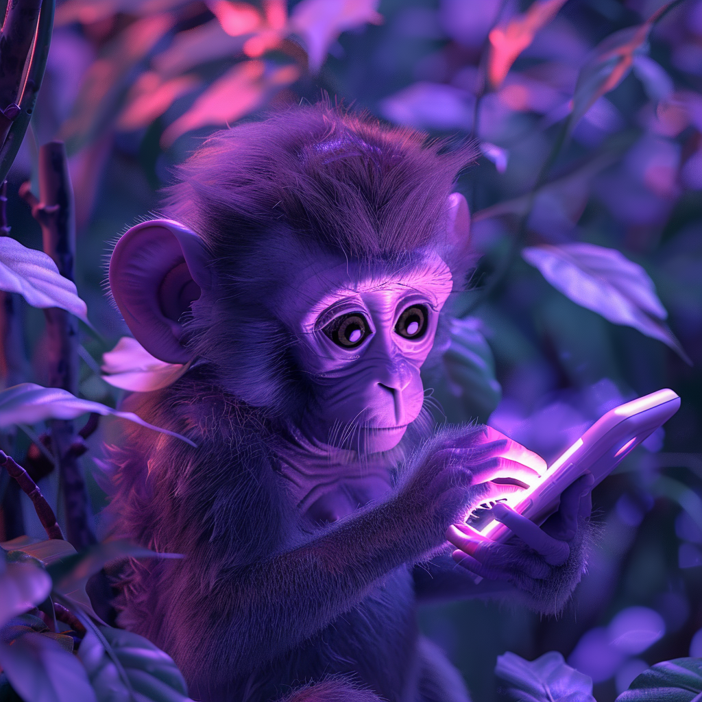 Afbeelding van een Monkey die in het oerwoud op zijn telefoon content aan het maken is.