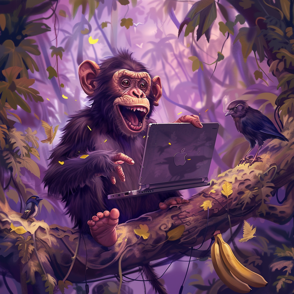 Afbeelding van een Monkey die op in een boom zit met zijn laptop. Hij is bezig met het optimaliseren van de vindbaarheid van websites.
