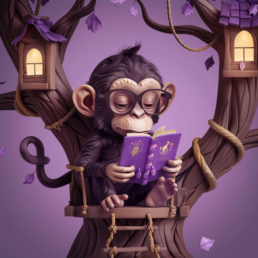 Afbeelding van een Monkey die een boek leest terwijl hij in een boom zit.